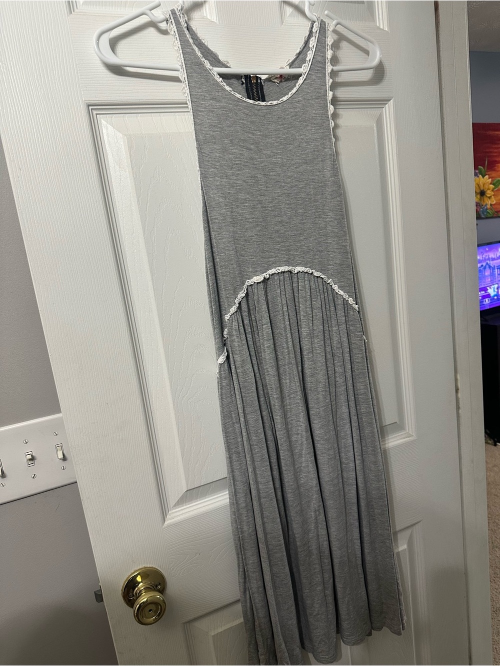 POL Gray Sleeveless Maxi Dress with White Lace Trim